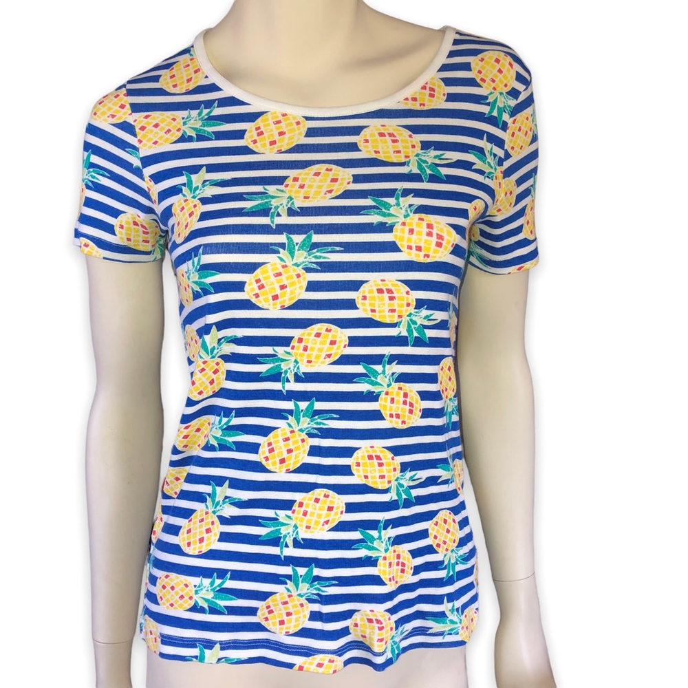 Time & Tru Blue & White Tee Shirt Stripes Pineapples Short Sleeves Size Small